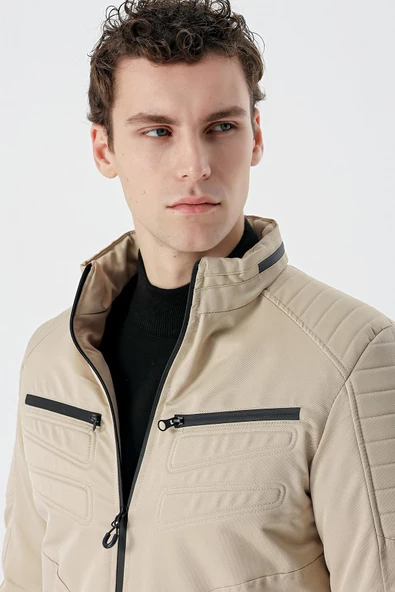 Taş Rengi Dik Yaka Astarlı Comfort Fit Rahat Kesim Casual Mont 1007235166 - 5