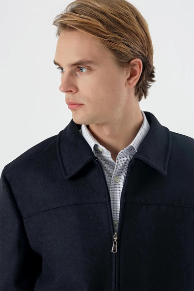 Koyu Lacivert Kaşe Bebe Yaka Astarlı Büyük Beden Comfort Fit Rahat Kesim Casual Mont 1007235255 - 5