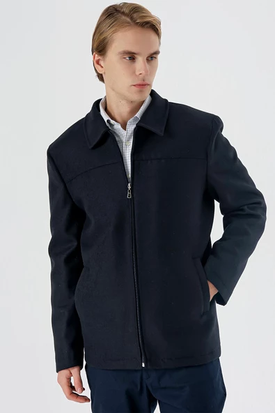 Koyu Lacivert Kaşe Bebe Yaka Astarlı Büyük Beden Comfort Fit Rahat Kesim Casual Mont 1007235255 - 2