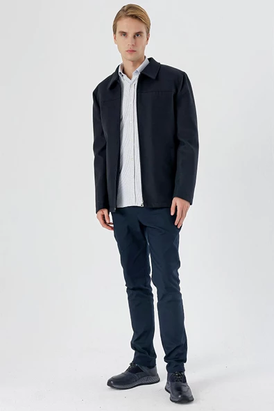 Koyu Lacivert Kaşe Bebe Yaka Astarlı Büyük Beden Comfort Fit Rahat Kesim Casual Mont 1007235255 - 3