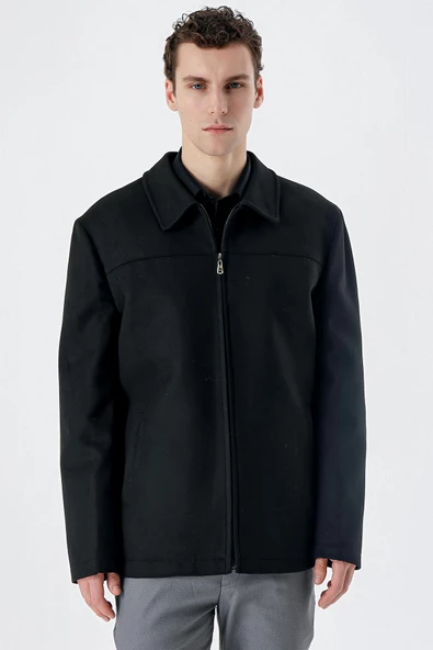 Siyah Kaşe Bebe Yaka Astarlı Büyük Beden Comfort Fit Rahat Kesim Casual Mont 1007235255 - Resim 2