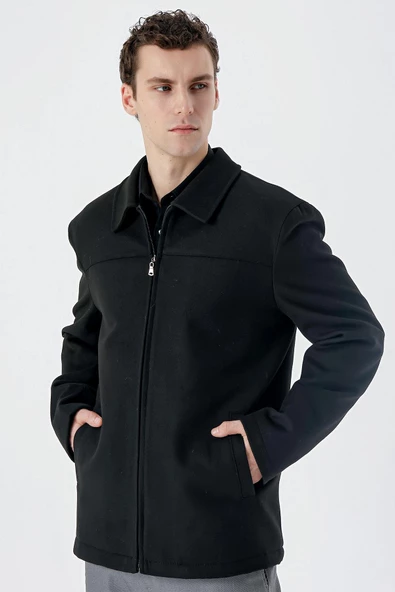 Siyah Kaşe Bebe Yaka Astarlı Büyük Beden Comfort Fit Rahat Kesim Casual Mont 1007235255 - Resim 3