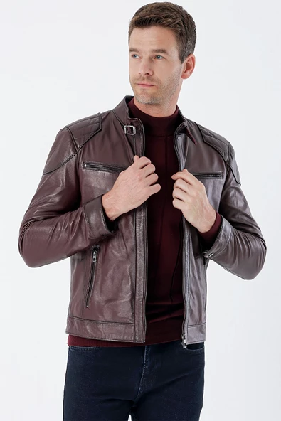 Bordo Gömlek Yaka Hakiki Deri Slim Fit Dar Kesim Casual Mont 1038235201 - 2