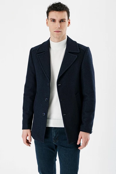 Lacivert Kaşe Kırlangıç Yaka Desenli Yünlü Astarlı Slim Fit Dar Kesim Casual Mont 1007235173 - 2