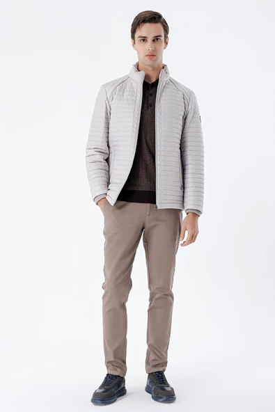 Taş Rengi Kapitone Dolumlu Dik Yaka Astarlı Slim Fit Dar Kesim Casual Mont 1007235264 - Resim 3