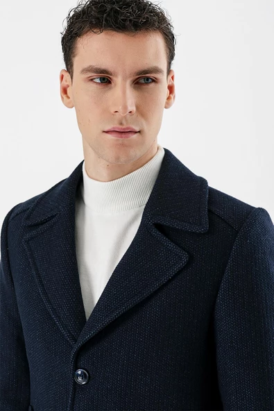 Lacivert Kaşe Kırlangıç Yaka Desenli Yünlü Astarlı Slim Fit Dar Kesim Casual Mont 1007235173 - 5