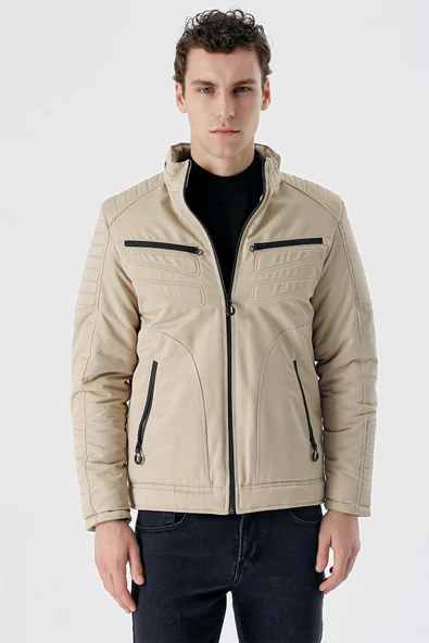 Taş Rengi Dik Yaka Astarlı Comfort Fit Rahat Kesim Casual Mont 1007235166 - 2