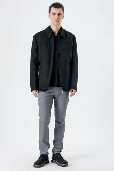 Siyah Kaşe Bebe Yaka Astarlı Büyük Beden Comfort Fit Rahat Kesim Casual Mont 1007235255 - Resim 4