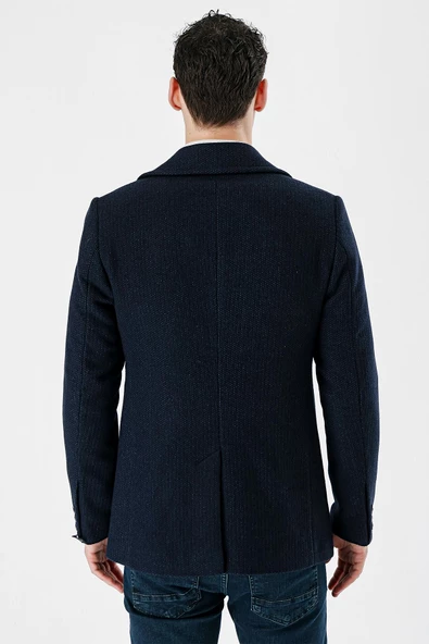 Lacivert Kaşe Kırlangıç Yaka Desenli Yünlü Astarlı Slim Fit Dar Kesim Casual Mont 1007235173 - 6