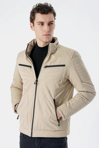 Taş Rengi Dik Yaka Astarlı Comfort Fit Rahat Kesim Casual Mont 1007235166 - 4