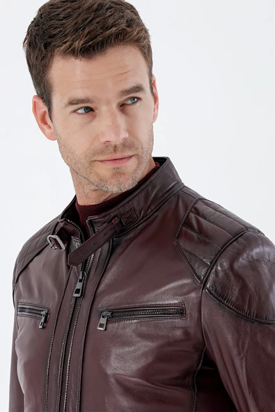 Bordo Gömlek Yaka Hakiki Deri Slim Fit Dar Kesim Casual Mont 1038235201 - 5