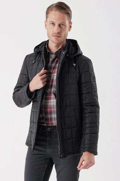 Siyah Kapüşonlu Astarlı Slim Fit Dar Kesim Casual Mont 1007235158