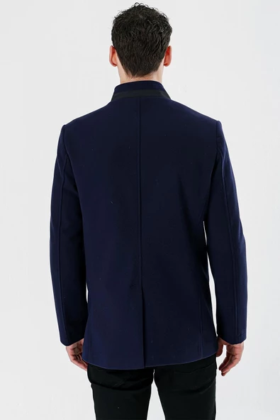 Koyu Lacivert Kaşe Hakim Yaka Astarlı Slim Fit Dar Kesim Casual Mont 1007235171 - 6