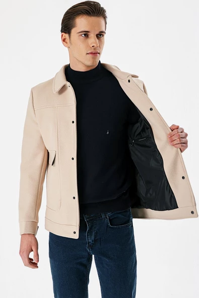 Açık Bej Kaşe Kolej Yaka Astarlı Slim Fit Dar Kesim Casual Mont 1007235172 - 2
