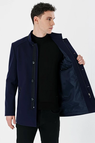 Koyu Lacivert Kaşe Hakim Yaka Astarlı Slim Fit Dar Kesim Casual Mont 1007235171 - 3