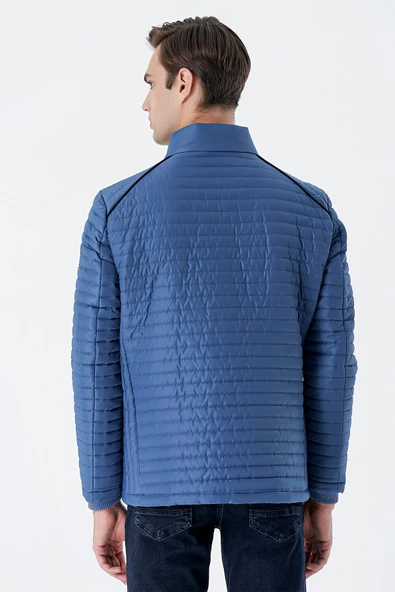 Petrol Mavi Kapitone Dolumlu Dik Yaka Astarlı Slim Fit Dar Kesim Casual Mont 1007235164 - 7
