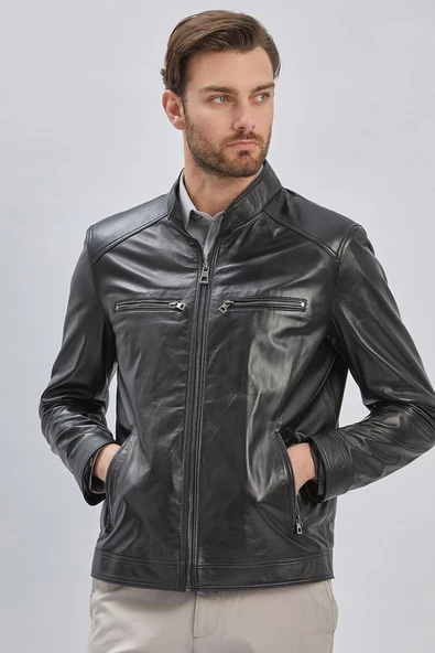 Siyah Hakiki Deri Dik Yaka Astarlı Slim Fit Dar Kesim Casual Deri Mont 1038235155 - Resim 3