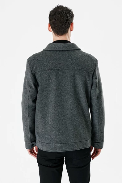 Koyu Antrasit Kaşe Kolej Yaka Astarlı Slim Fit Dar Kesim Casual Mont 1007235172 - 3