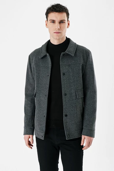 Koyu Antrasit Kaşe Kolej Yaka Astarlı Slim Fit Dar Kesim Casual Mont 1007235172 - 5