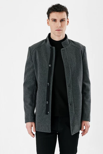 Koyu Antrasit Kaşe Hakim Yaka Astarlı Slim Fit Dar Kesim Casual Mont 1007235171 - 3