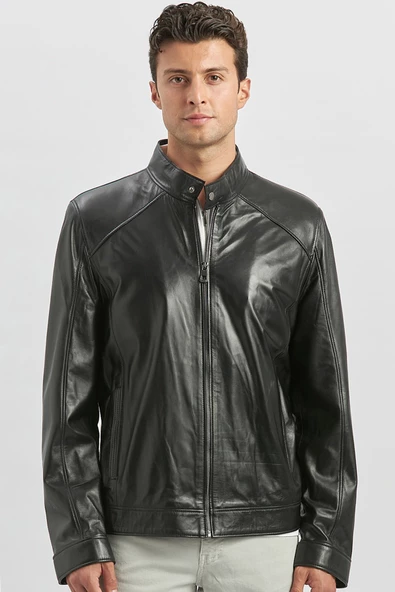 Siyah Hakiki Deri Dik Yaka Astarlı Slim Fit Dar Kesim Casual Deri Mont 1038235153 - Resim 5