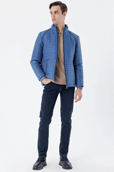 Petrol Mavi Kapitone Dolumlu Dik Yaka Astarlı Slim Fit Dar Kesim Casual Mont 1007235164 - 5