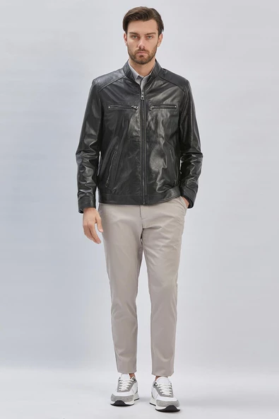 Siyah Hakiki Deri Dik Yaka Astarlı Slim Fit Dar Kesim Casual Deri Mont 1038235155 - Resim 5