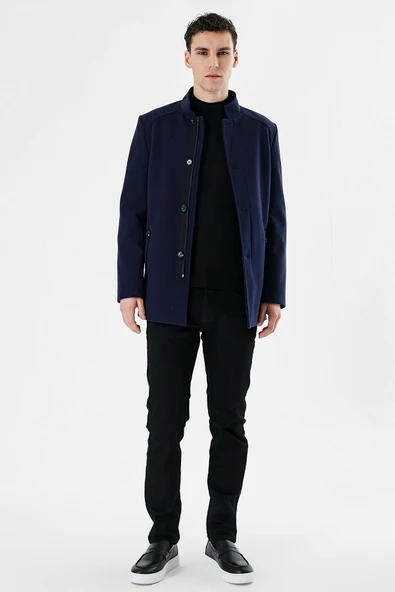 Koyu Lacivert Kaşe Hakim Yaka Astarlı Slim Fit Dar Kesim Casual Mont 1007235171 - 4