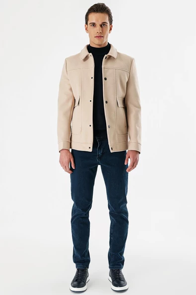 Açık Bej Kaşe Kolej Yaka Astarlı Slim Fit Dar Kesim Casual Mont 1007235172 - 4