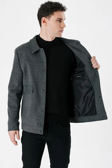 Koyu Antrasit Kaşe Kolej Yaka Astarlı Slim Fit Dar Kesim Casual Mont 1007235172 - 7