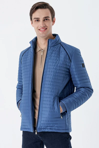 Petrol Mavi Kapitone Dolumlu Dik Yaka Astarlı Slim Fit Dar Kesim Casual Mont 1007235164 - 2