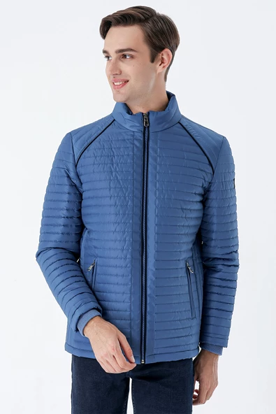 Petrol Mavi Kapitone Dolumlu Dik Yaka Astarlı Slim Fit Dar Kesim Casual Mont 1007235164 - 4