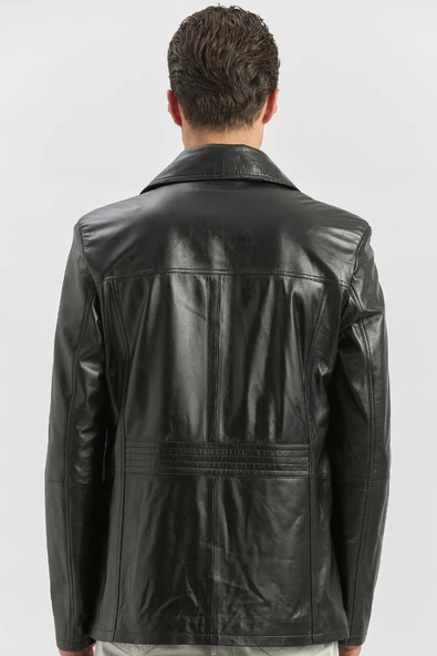Siyah Hakiki Deri Kırlangıç Yaka Astarlı Slim Fit Dar Kesim Casual Deri Mont 1038235152 - 6