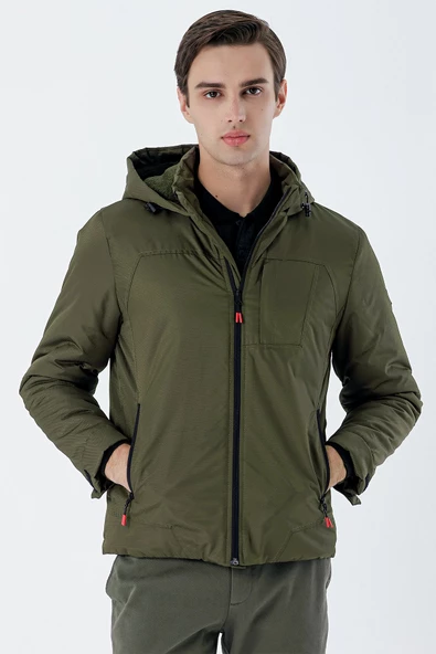 Koyu Haki Dik Yaka Astarlı Slim Fit Dar Kesim Casual Mont 1007235161 - 5