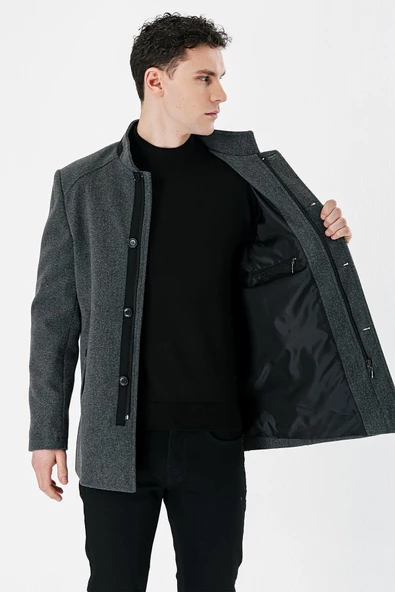 Koyu Antrasit Kaşe Hakim Yaka Astarlı Slim Fit Dar Kesim Casual Mont 1007235171 - 5