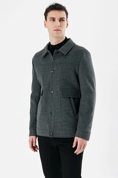 Koyu Antrasit Kaşe Kolej Yaka Astarlı Slim Fit Dar Kesim Casual Mont 1007235172 - 2