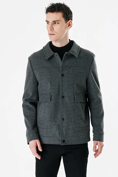 Koyu Antrasit Kaşe Kolej Yaka Astarlı Slim Fit Dar Kesim Casual Mont 1007235172 - 4