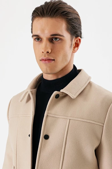 Açık Bej Kaşe Kolej Yaka Astarlı Slim Fit Dar Kesim Casual Mont 1007235172 - 5