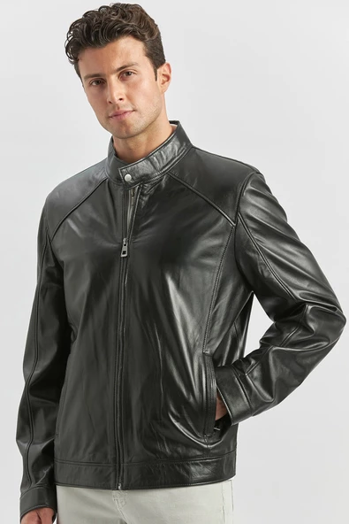 Siyah Hakiki Deri Dik Yaka Astarlı Slim Fit Dar Kesim Casual Deri Mont 1038235153 - Resim 2