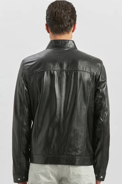 Siyah Hakiki Deri Dik Yaka Astarlı Slim Fit Dar Kesim Casual Deri Mont 1038235153 - Resim 6