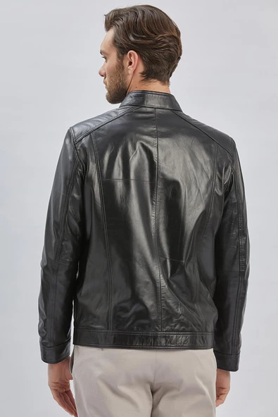 Siyah Hakiki Deri Dik Yaka Astarlı Slim Fit Dar Kesim Casual Deri Mont 1038235155 - Resim 6