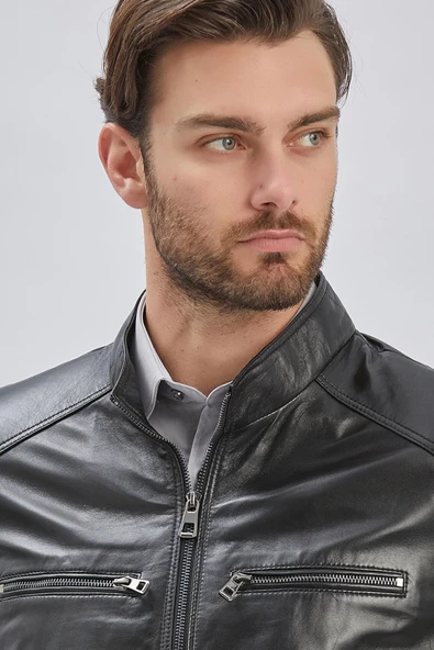 Siyah Hakiki Deri Dik Yaka Astarlı Slim Fit Dar Kesim Casual Deri Mont 1038235155 - Resim 4