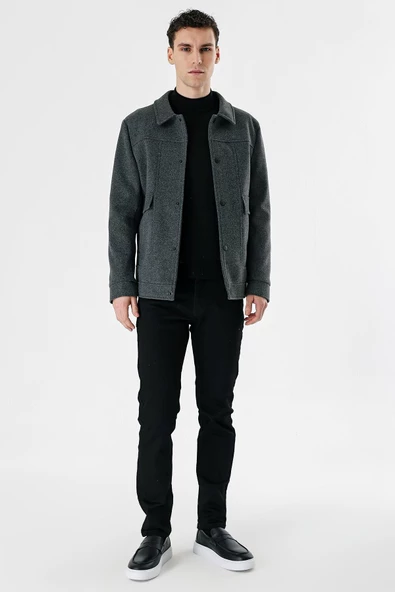 Koyu Antrasit Kaşe Kolej Yaka Astarlı Slim Fit Dar Kesim Casual Mont 1007235172 - 8