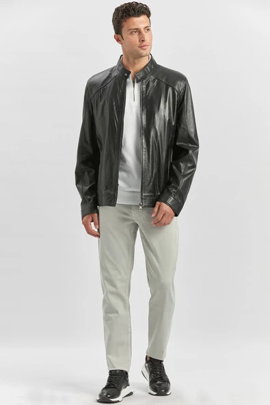 Siyah Hakiki Deri Dik Yaka Astarlı Slim Fit Dar Kesim Casual Deri Mont 1038235153 - Resim 4