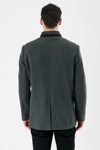 Koyu Antrasit Kaşe Hakim Yaka Astarlı Slim Fit Dar Kesim Casual Mont 1007235171 - 6