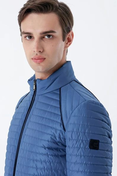 Petrol Mavi Kapitone Dolumlu Dik Yaka Astarlı Slim Fit Dar Kesim Casual Mont 1007235164 - 6