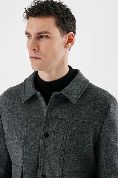 Koyu Antrasit Kaşe Kolej Yaka Astarlı Slim Fit Dar Kesim Casual Mont 1007235172 - 10