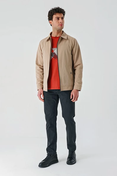 Açık Bej Bez Ayağı Polo Yaka Düz Tam Astar Slim Fit Casual Mont 1007240101 - 4