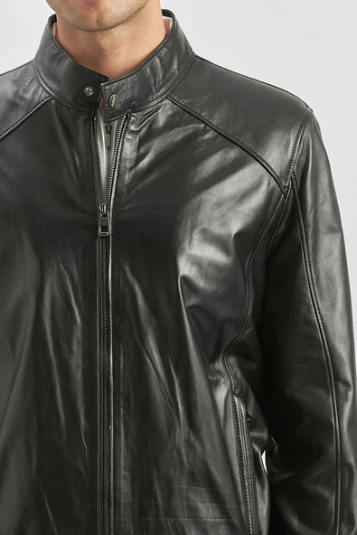 Siyah Hakiki Deri Dik Yaka Astarlı Slim Fit Dar Kesim Casual Deri Mont 1038235153 - Resim 3