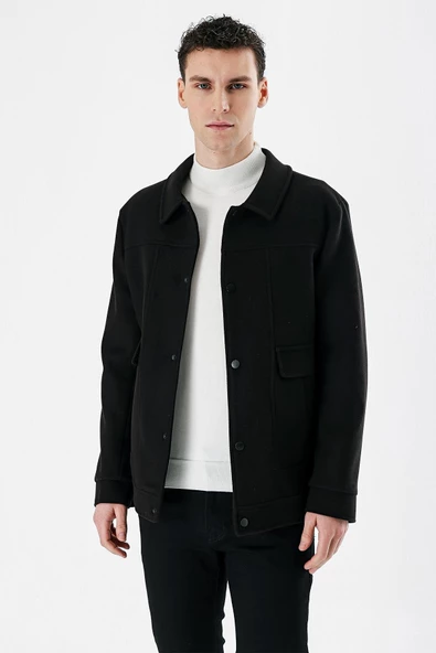 Siyah Kaşe Kolej Yaka Astarlı Slim Fit Dar Kesim Casual Mont 1007235172 - 2